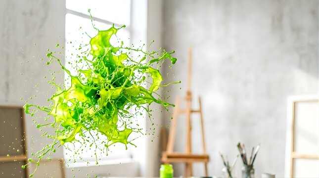 Green paint splash exploding in an artist studio interior space