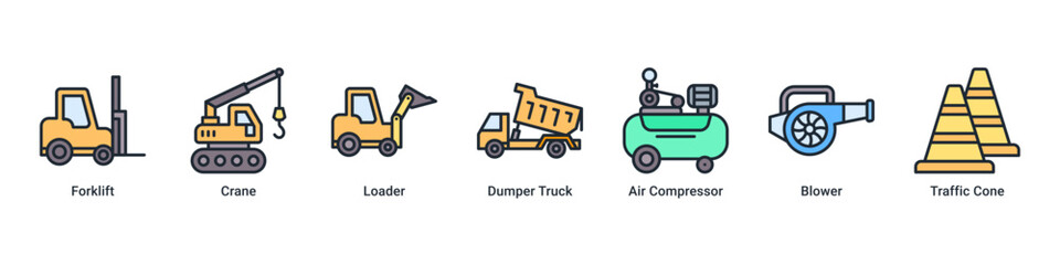 Heavy Lift web banner icon vector illustration with Forklift, Crane, Loader, Dumper Truck, Air Compressor, Blower and Traffic Cone © Arjuna