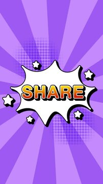 Share text word lettering popup comic cartoon reveal with bomb and smoke explosion manga anime book page dots radial speed lines doodle lavender background seamless loop vertical animation retro