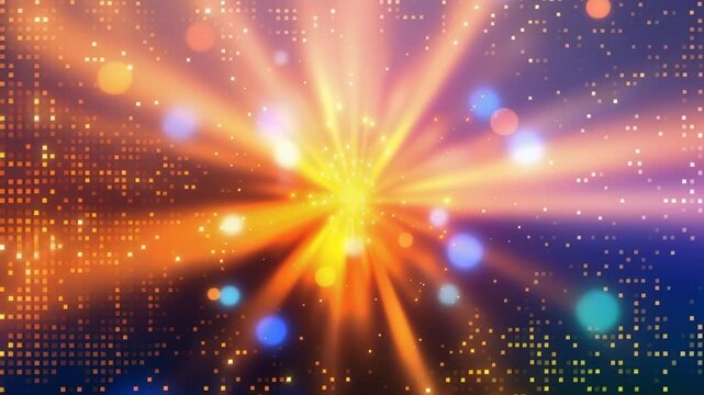 Sunburst rays with digital pixel dots and vibrant gradient lighting effects 4k video