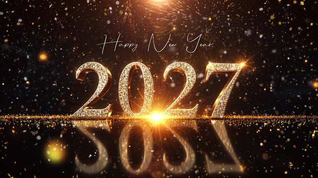 2027 New Year Celebration Golden 3D Numbers Motion Background with Fireworks