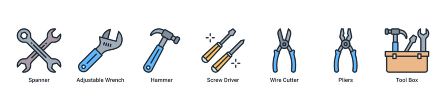 Workshop Kit web banner icon vector illustration with Spanner, Adjustable Wrench, Hammer, Screw Driver, Wire Cutter, Pliers and Tool Box