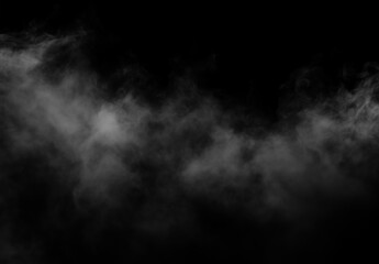 White fog overlay on black background, realistic low smoke effect with soft mist and dark atmospheric look for cinematic poster, stage scene, horror design or photo composition. © The Stock King