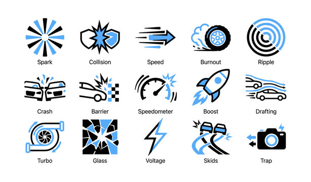 Performance and safety icons showing speed and crash concepts