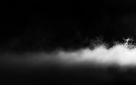 White fog overlay on black background, realistic low smoke effect with soft mist and dark atmospheric look for cinematic poster, stage scene, horror design or photo composition.