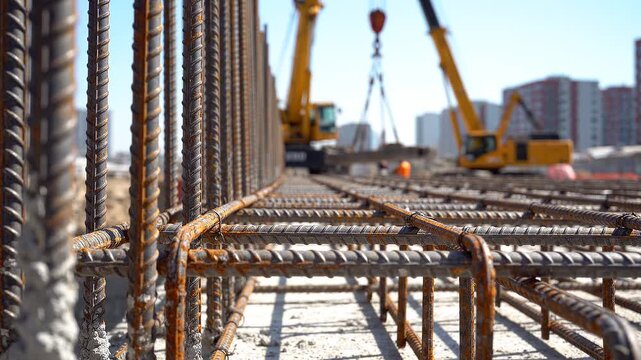 Close-up of exposed reinforcement steel bars at construction site with cranes