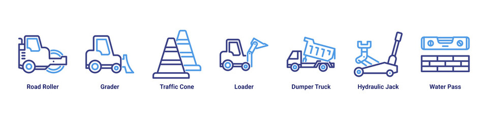 Road Work web banner icon vector illustration with Road Roller, Grader, Traffic Cone, Loader, Dumper Truck, Hydraulic Jack and Water Pass © Arjuna