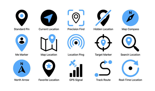 Map location icons showing navigation markers on white background