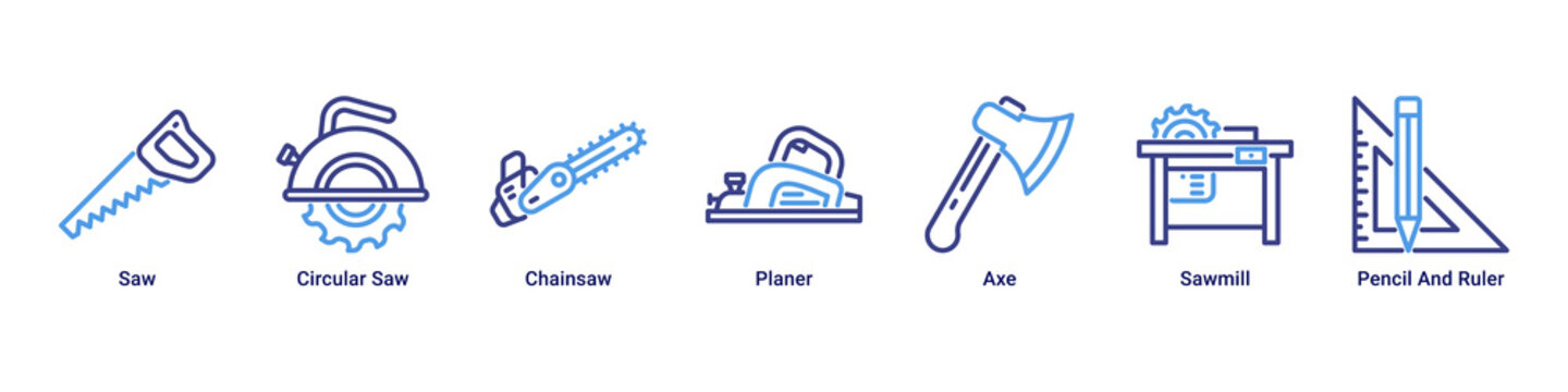 Wood Craft web banner icon vector illustration with Saw, Circular Saw, Chainsaw, Planer, Axe, Sawmill and Pencil And Ruler for woodworking projects