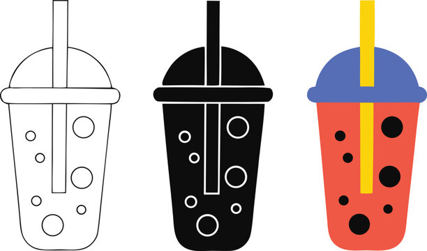 Boba Bubble Tea Cup Icons In Black White And Color
