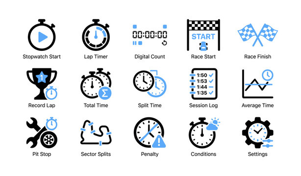 Race timing and session tools illustrated in icon grid