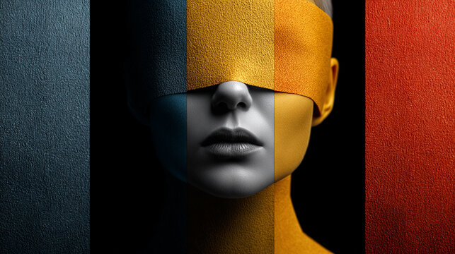 Minimalist portrait of a woman with a blindfold in dramatic lighting and bold colors