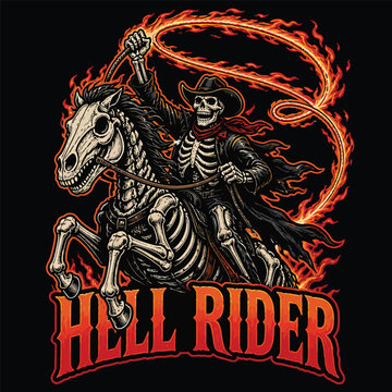 Skeleton Cowboy Riding Skeletal Horse Flaming Lasso Design