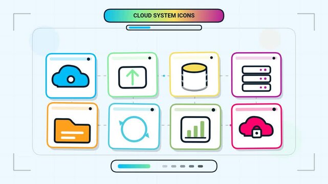 Animated Cloud System Icons for Data Storage, Upload, Server, and Security