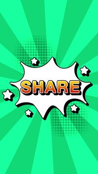 Share text word lettering popup comic cartoon reveal with bomb and smoke explosion manga anime book page dots radial speed lines doodle teal background seamless loop vertical animation retro
