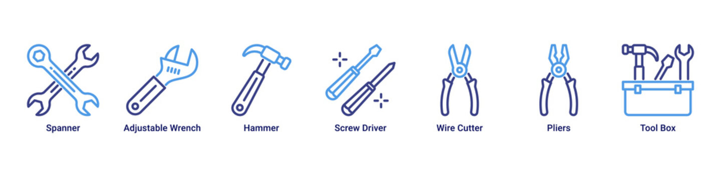 Workshop Kit web banner icon vector illustration with Spanner, Adjustable Wrench, Hammer, Screw Driver, Wire Cutter, Pliers and Tool Box