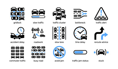 Traffic congestion and reroute icons displayed on white background