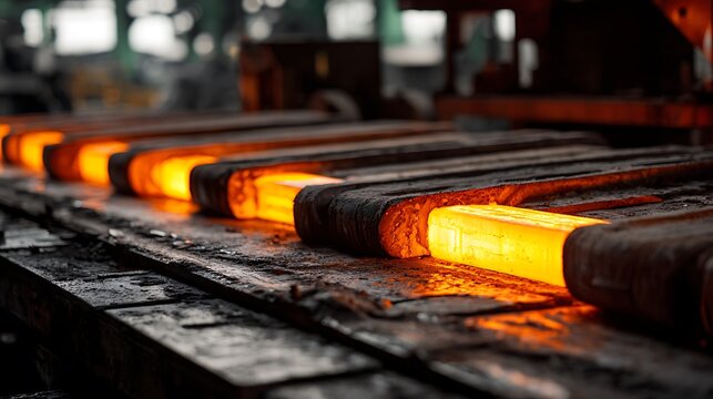 Hot steel billets moving along a roller conveyor in a modern metallurgical plant.
