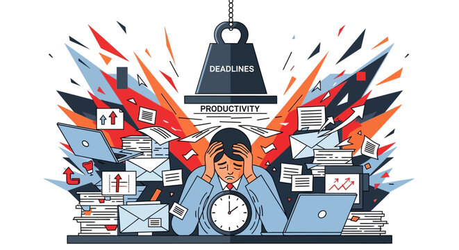 Overwhelmed Businessman at Desk Chaos.