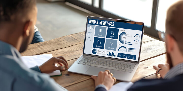 Human resources management software on computer screen helping human resources employee to manage recruitment, payroll, staff searching and KPI evaluation brisk
