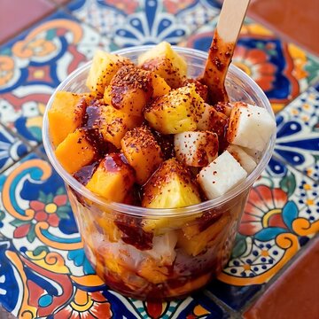 Mexican fruit cups (fruta con chili) with mango, pineapple, jicama, chamoy, and tajin 