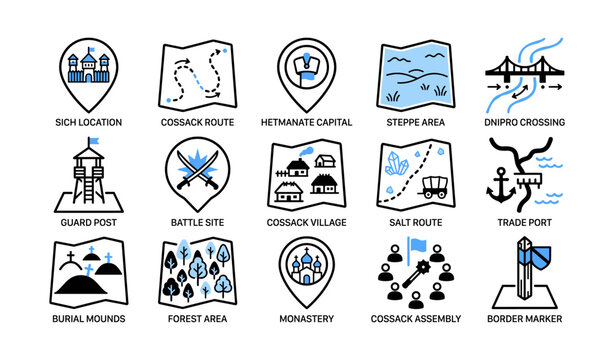 Cossack location and route icons arranged in a grid layout