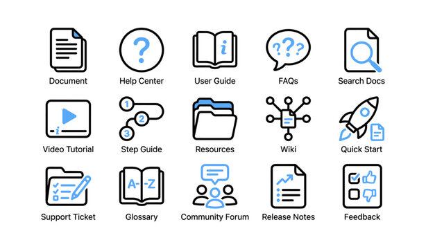 Documentation and support icons for help center arranged in grid