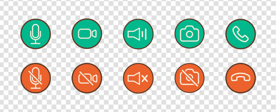 Retro 90s outline phone call interface icons with colored buttons for mobile communication apps. Concept of notifications, calls, and conversation UI. Flat vector illustration isolated on background.