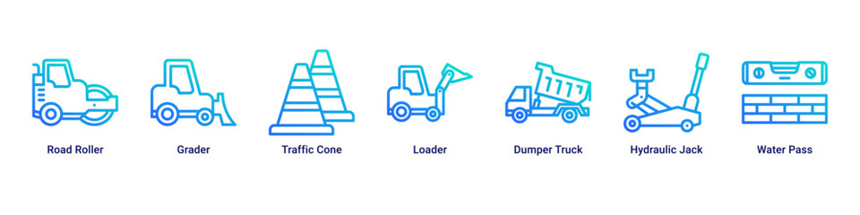 Road Work web banner icon vector illustration with Road Roller, Grader, Traffic Cone, Loader, Dumper Truck, Hydraulic Jack and Water Pass © Arjuna