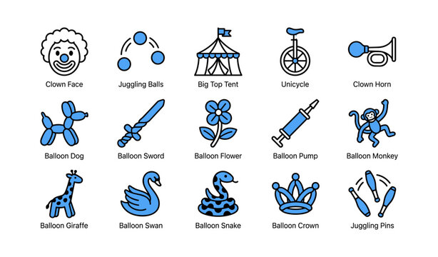 Circus balloon icons showing props and performers on white background