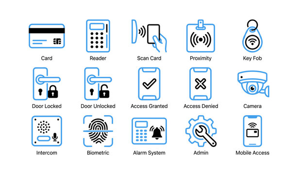 Set of access control and security icons for doors and badges