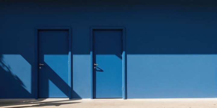 Two closed blue doors stand on a vibrant indigo wall. Bright sun casts stark geometric shadows on wall and ground. Minimalist scene with clear lines and contrast.