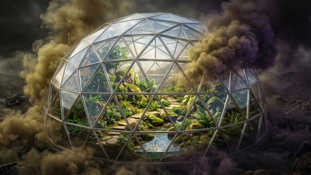 Sustainable Biodome Oasis Surrounded by Toxic Smoke