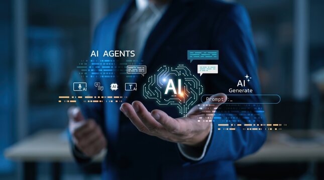 AI agents and artificial intelligence brain concept with prompt generation interface and chatbot dialogue bubbles for machine learning automation and smart technology innovation