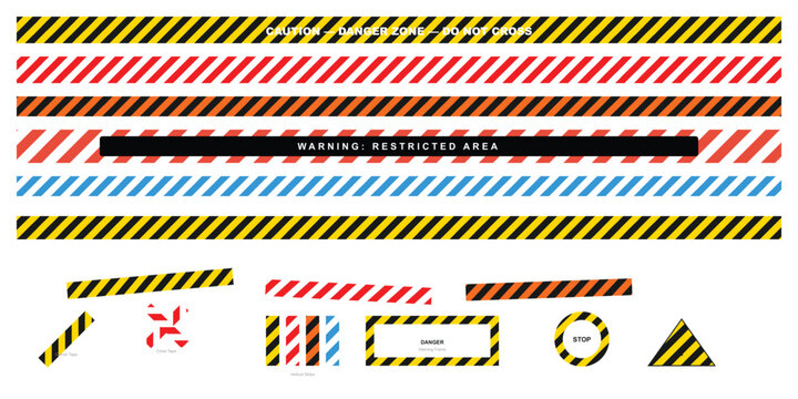 Yellow Black Diagonal Warning Stripe Tape Pattern Set - Safety Caution Border Hazard Construction Danger Zone Police Line Corner Cross Frame Elements Editable Vector