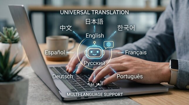 Universal translation software concept, person typing on laptop with multi-language interface overlay showing global communication and AI technology for international business