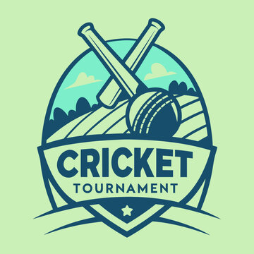 Cricket tournament logo with crossed bats and ball on a field tournament competition