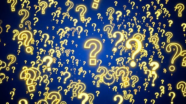 Golden question mark pattern on dark blue background.