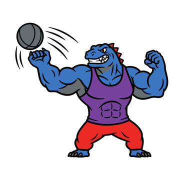 Muscular Dinosaur Athlete Throwing Shot Put Ball Vector Illustration