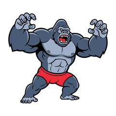 Naklejka premium Strong Muscular Gorilla Mascot Character Wearing Red Shorts