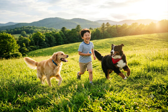 A Young Child and His Large Dogs Playing in a Golden Hour Meadow