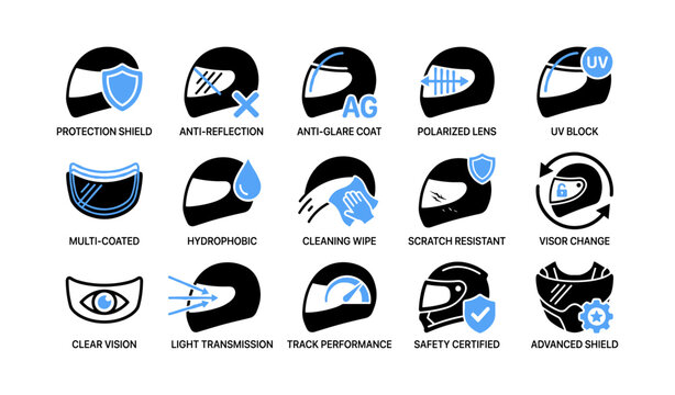 Motorcycle helmet visor features icons arranged on white background