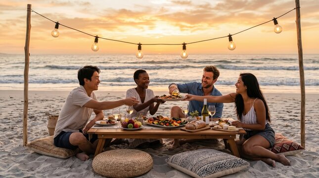 Group of diverse friends enjoying a beach picnic dinner at sunset with string lights, sharing food and wine on the sand, summer vacation lifestyle concept
