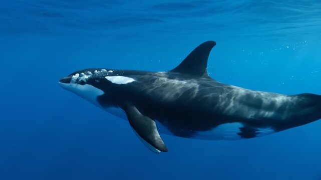 Majestic Orca Swimming Through Deep Blue Ocean Water