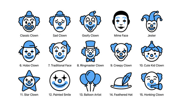 Clown face icons showing different clown types on white background