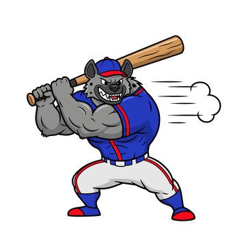 Muscular Hyena Baseball Mascot Wearing Uniform Holding Bat Vector Illustration