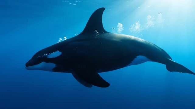 Majestic Killer Whale Swimming in Deep Blue Ocean with Sunbeams