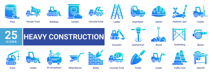 Heavy Construction icon set featuring construction vehicles, industrial machinery, safety equipment and building tools for contractor and engineering projects. © Arjuna