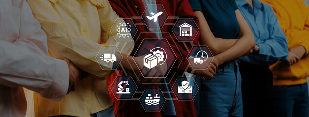 A diverse group of people stands together with arms crossed, surrounded by icons representing logistics and transportation, symbolizing collaborative efforts in supply chain management. Ledger © InfiniteFlow