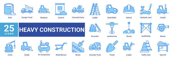 Heavy Construction icon set featuring construction vehicles, industrial machinery, safety equipment and building tools for contractor and engineering projects. © Arjuna